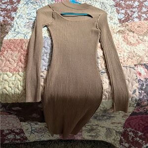Say What? Ribbed Long Sleeve Bodycon Dress in Camel